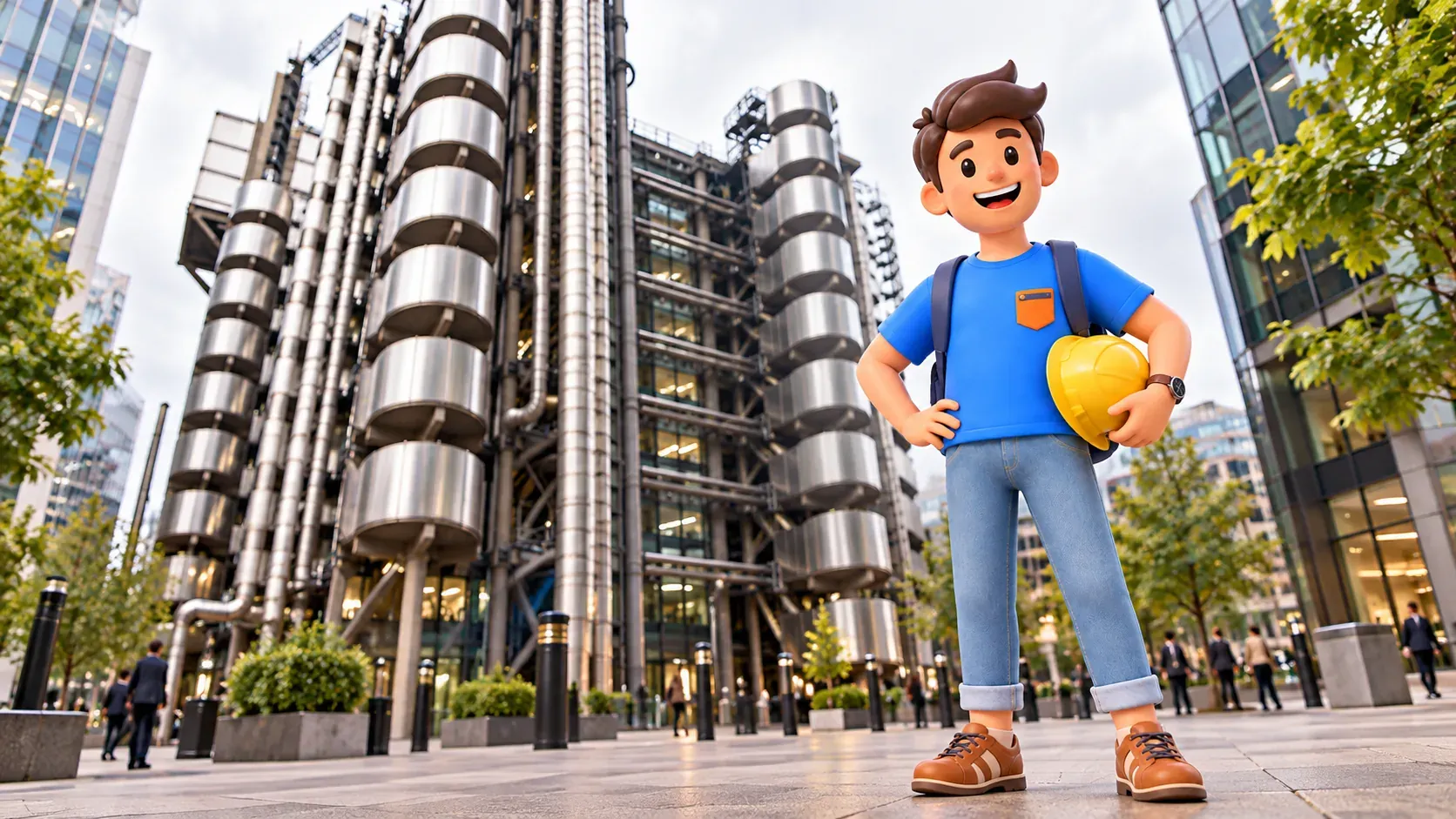 Thematic illustration of a traveller holding a yellow hard hat outside the exposed pipes of the Lloyd’s building