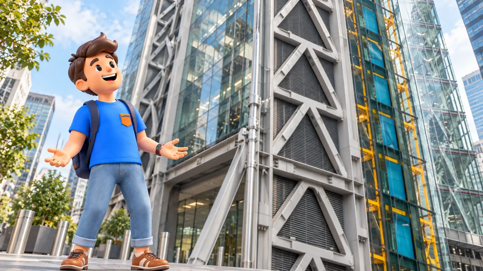 Illustration of an amazed traveller beside a framed glass façade inspired by the Leadenhall Building