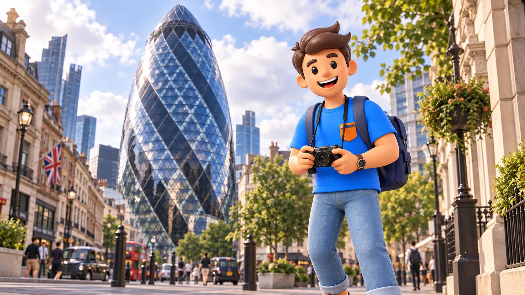 Illustration of a traveller with a camera in an imagined street scene beside the Gherkin