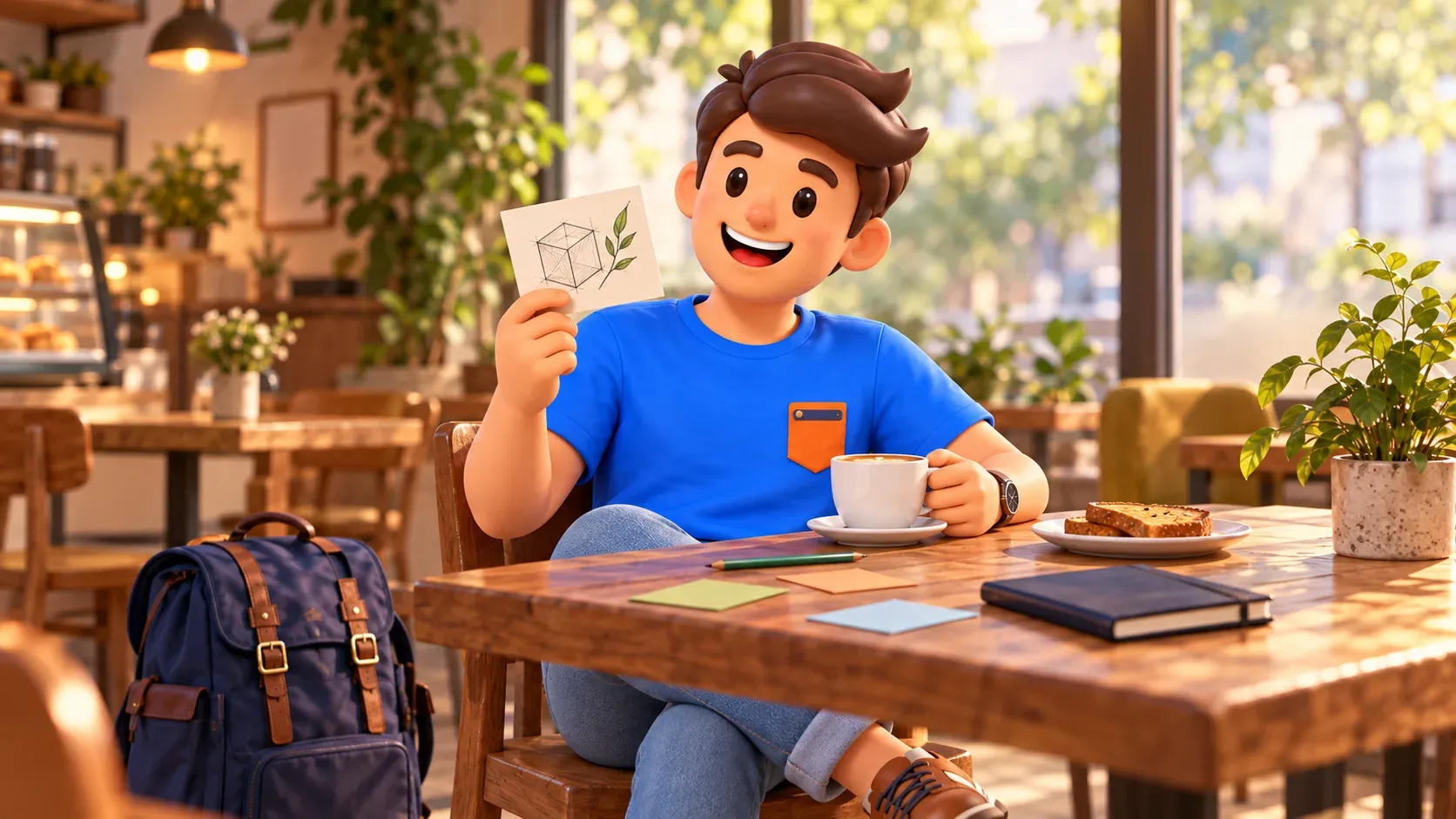 Pause conceptuelle avec café et dessin personnel, sans café réel d’un centre culturel