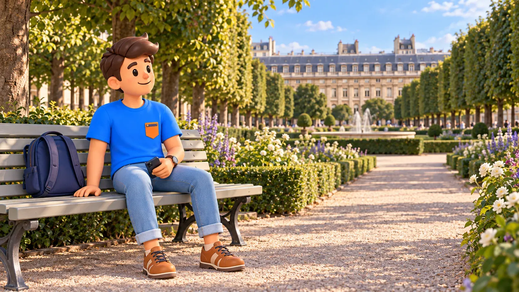 Un voyageur se repose avec un téléphone sur un banc du jardin du Palais-Royal