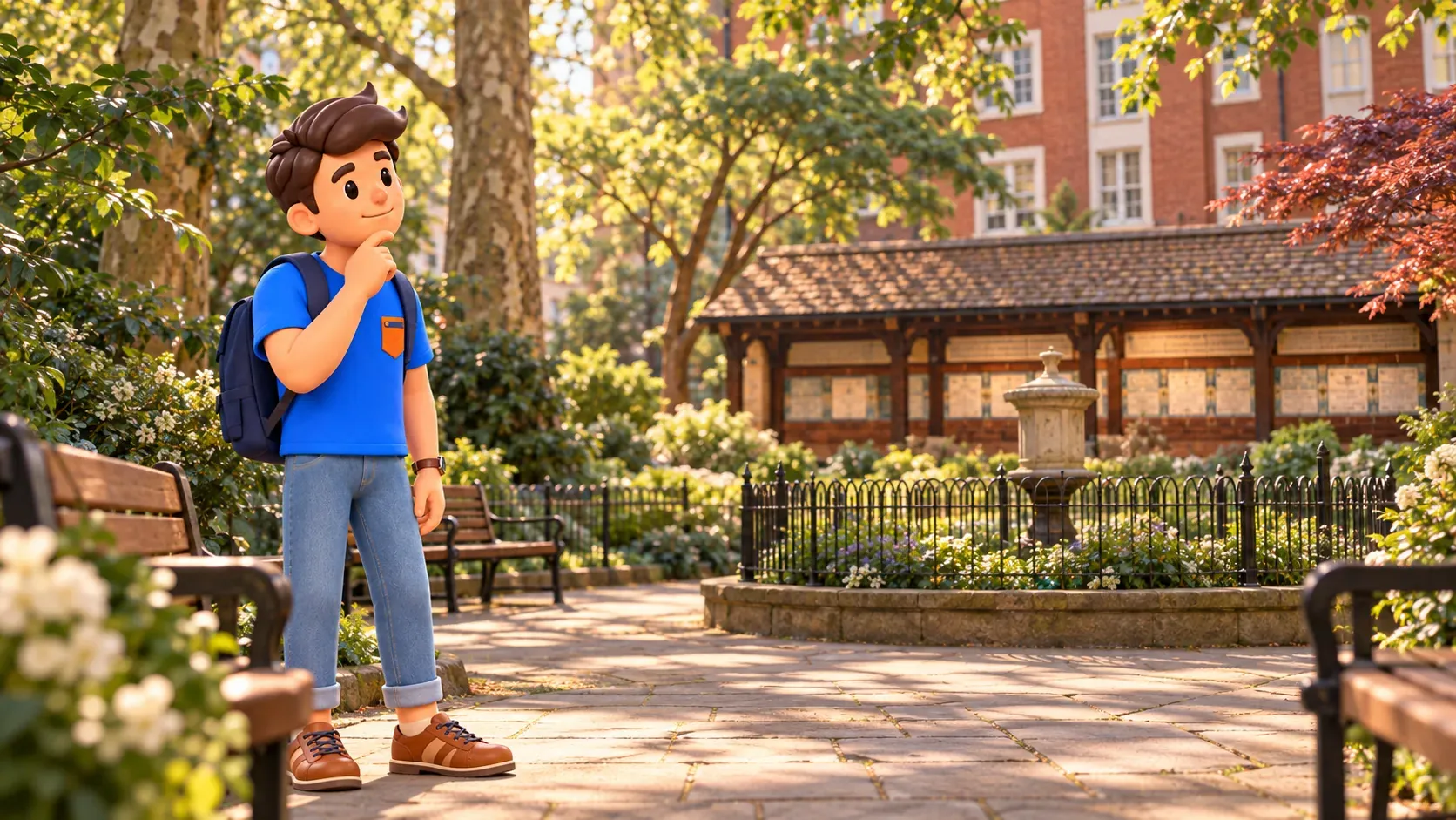 Illustration eines nachdenklichen Reisenden in einer erfundenen Szene an der Gedenkhalle im Postman’s Park