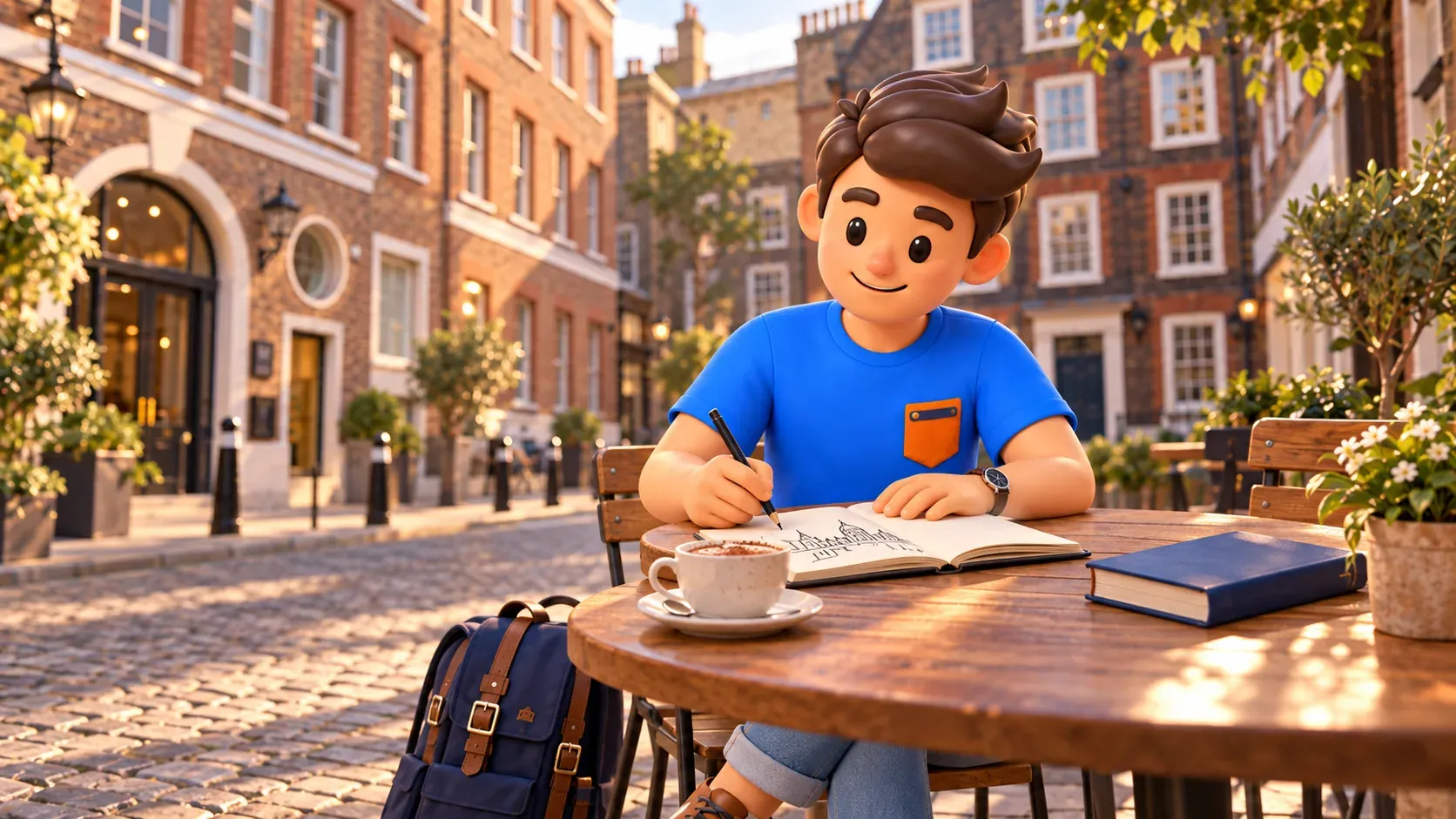 Ilustración de un viajero con lápiz y cuaderno en una escena imaginaria de café al aire libre en Gough Square