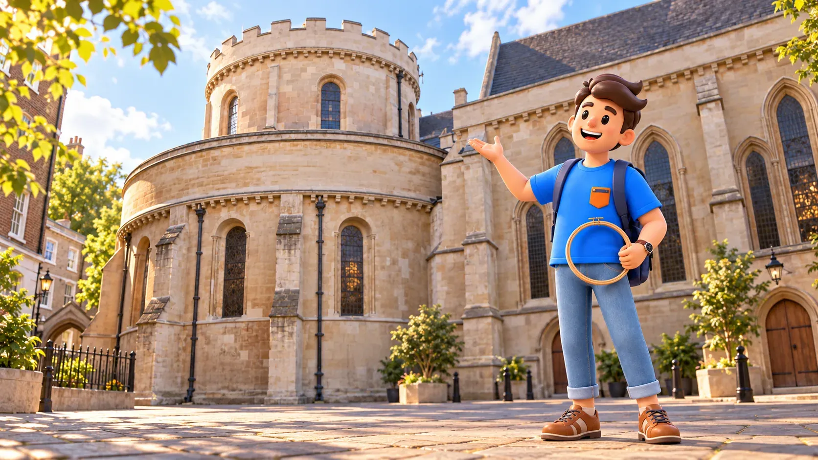 Ilustración de un viajero con un aro de madera ante la parte circular de Temple Church