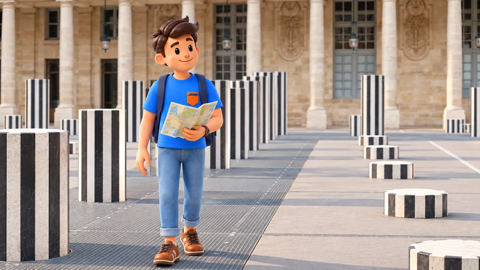 Un voyageur avec une carte parmi les colonnes de Buren au Palais-Royal