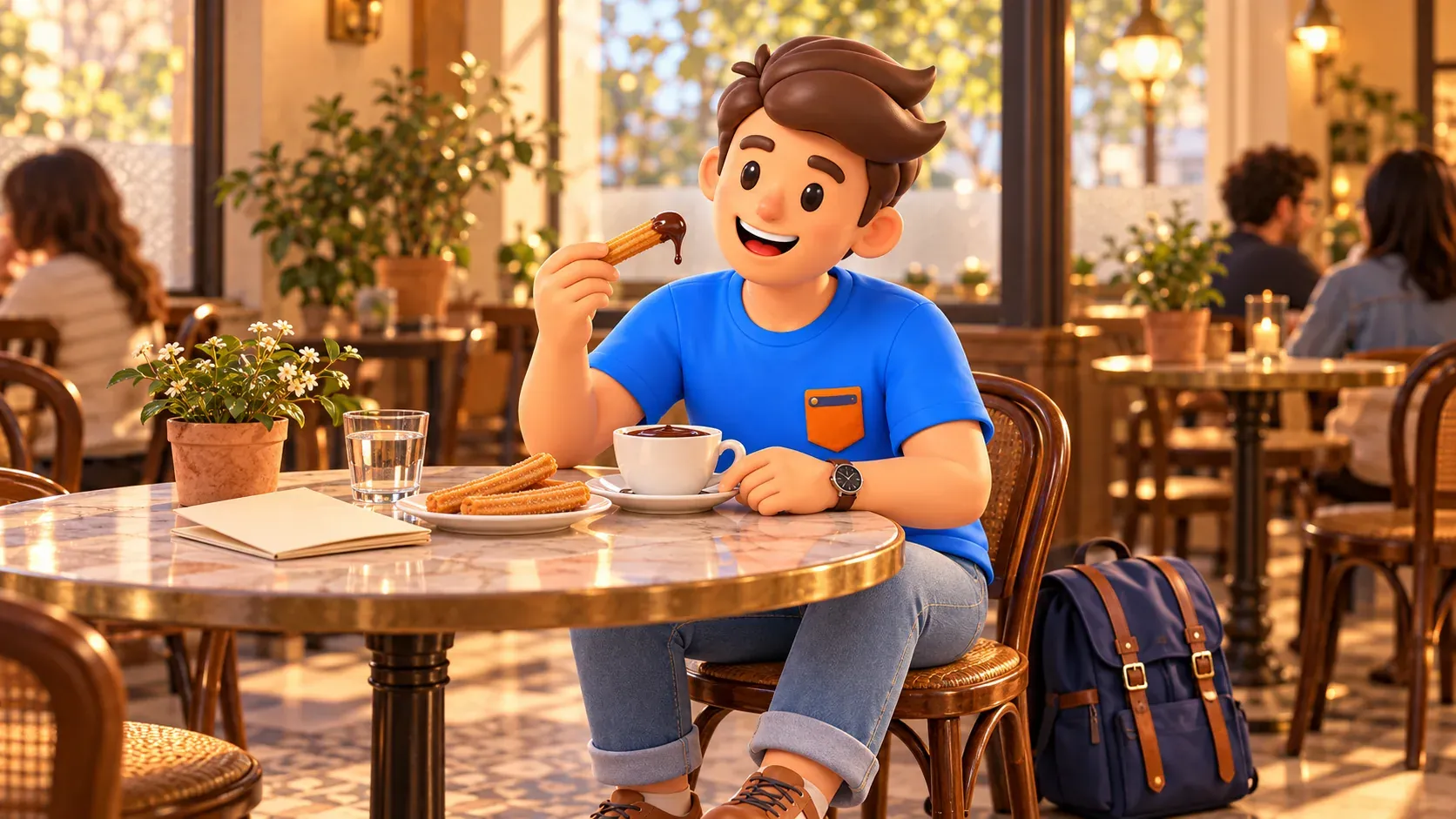 Symbolische Pause mit Churros und Schokolade, kein Palast- oder Galeriecafé