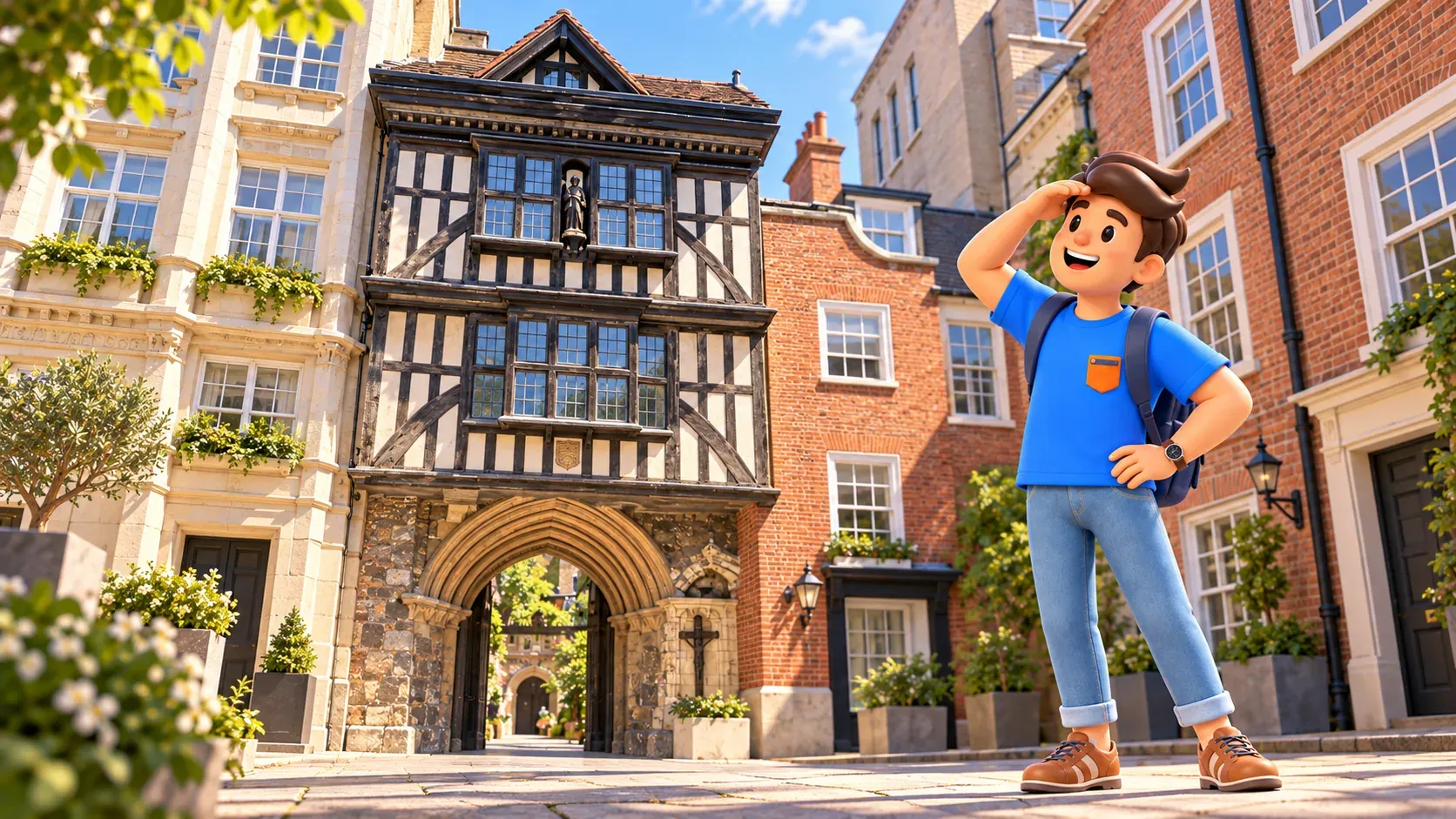 Illustration eines Reisenden mit Blick auf das Tudor Gatehouse von St Bartholomew the Great