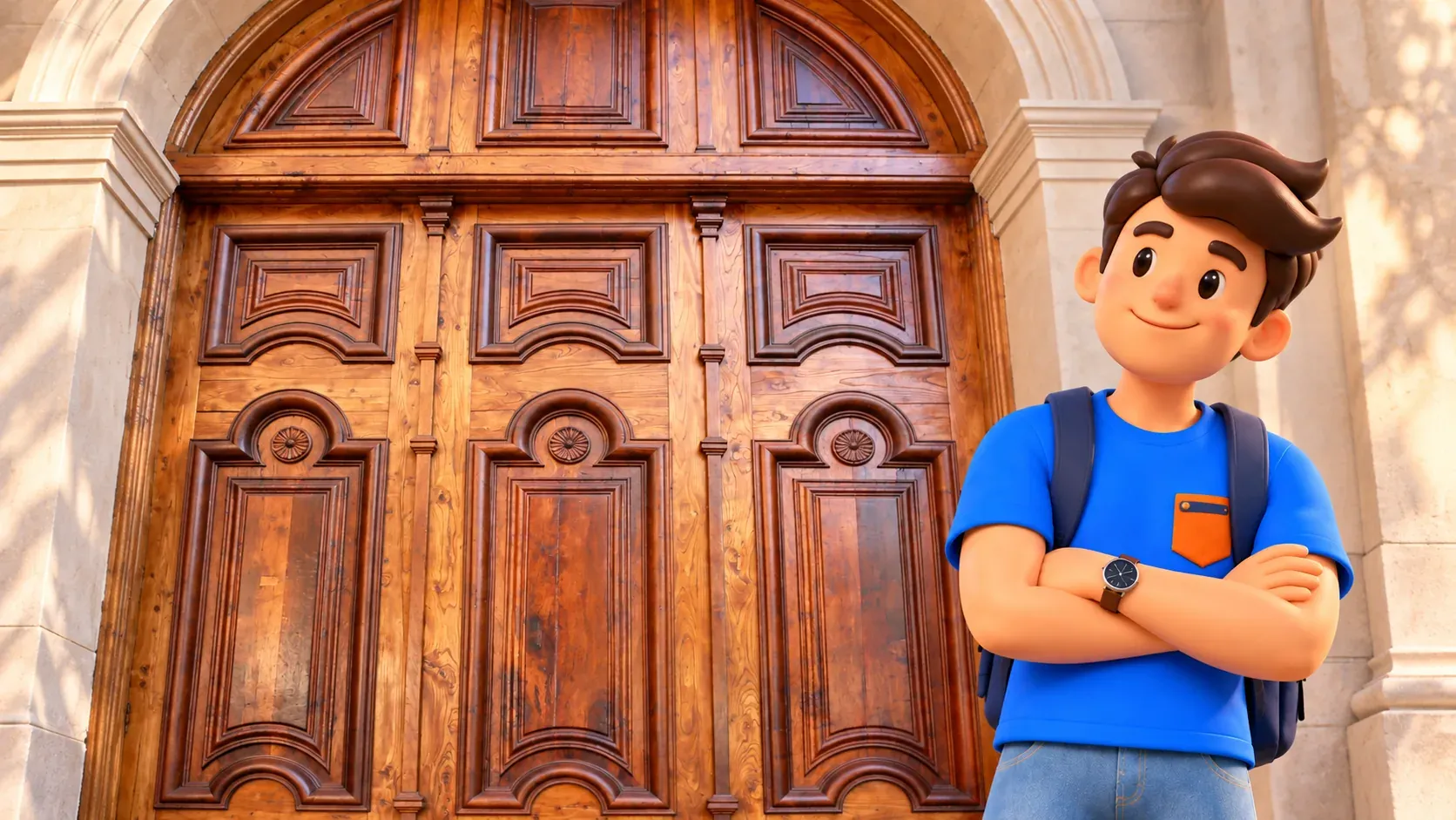 Traveller beside the Cerralbo carved wooden portal in an architectural-detail illustration