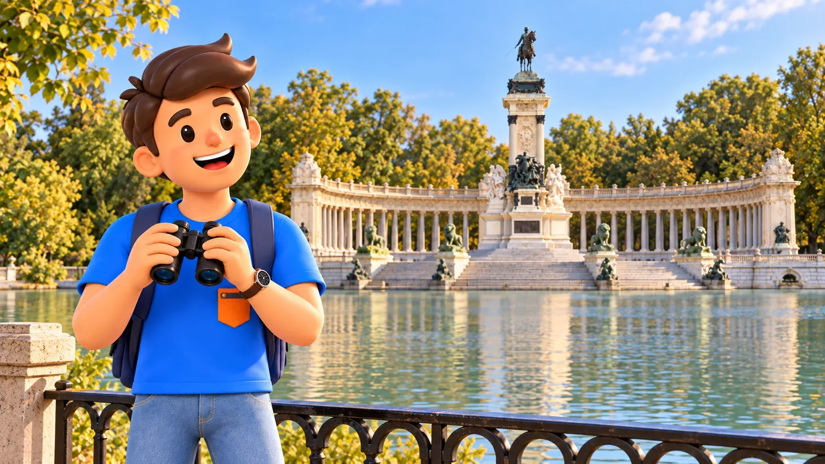 Traveller with binoculars by Retiro’s lake and the Alfonso XII monument in an illustration