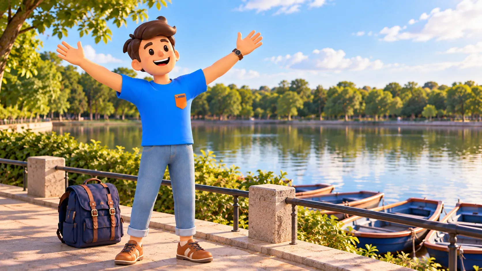Illustrated quiet pause by Casa de Campo’s lake based on a visual reference, without promising boat service