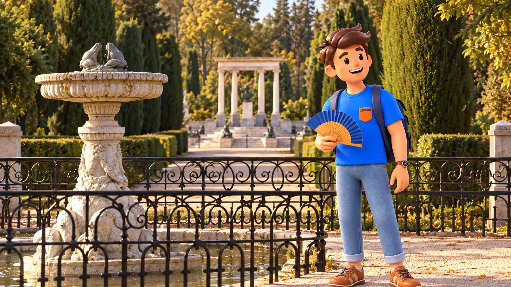Traveller with a fan beside El Capricho’s fountain and Exedra in an architectural illustration