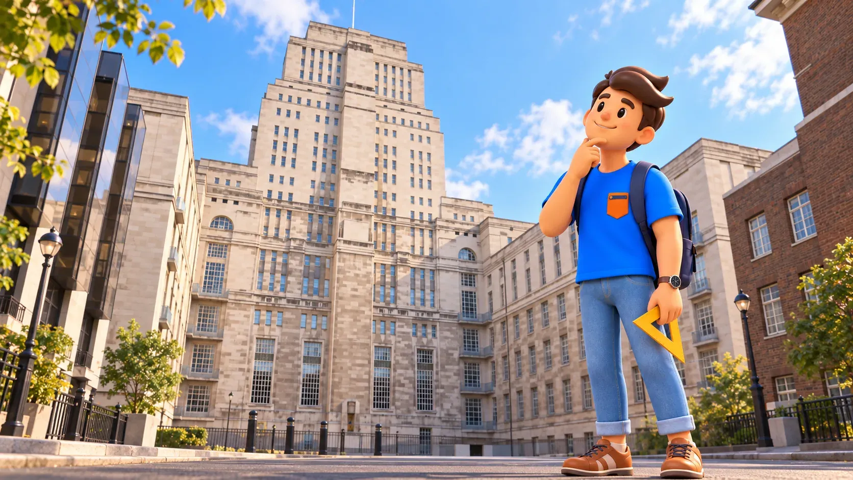 Ilustración de un viajero con una escuadra ante un edificio inspirado en Senate House de Londres