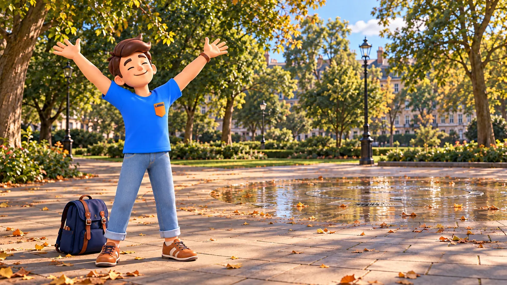 Ilustración temática de un viajero estirándose junto a una fuente a ras del suelo inspirada en Russell Square