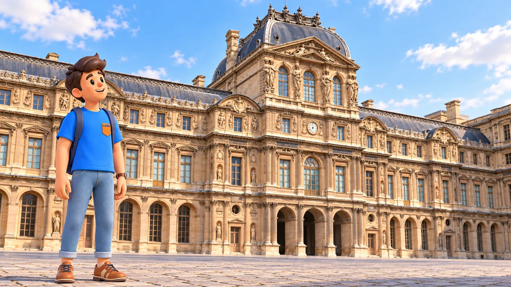 Un voyageur regarde le pavillon de l’Horloge dans la cour Carrée du Louvre