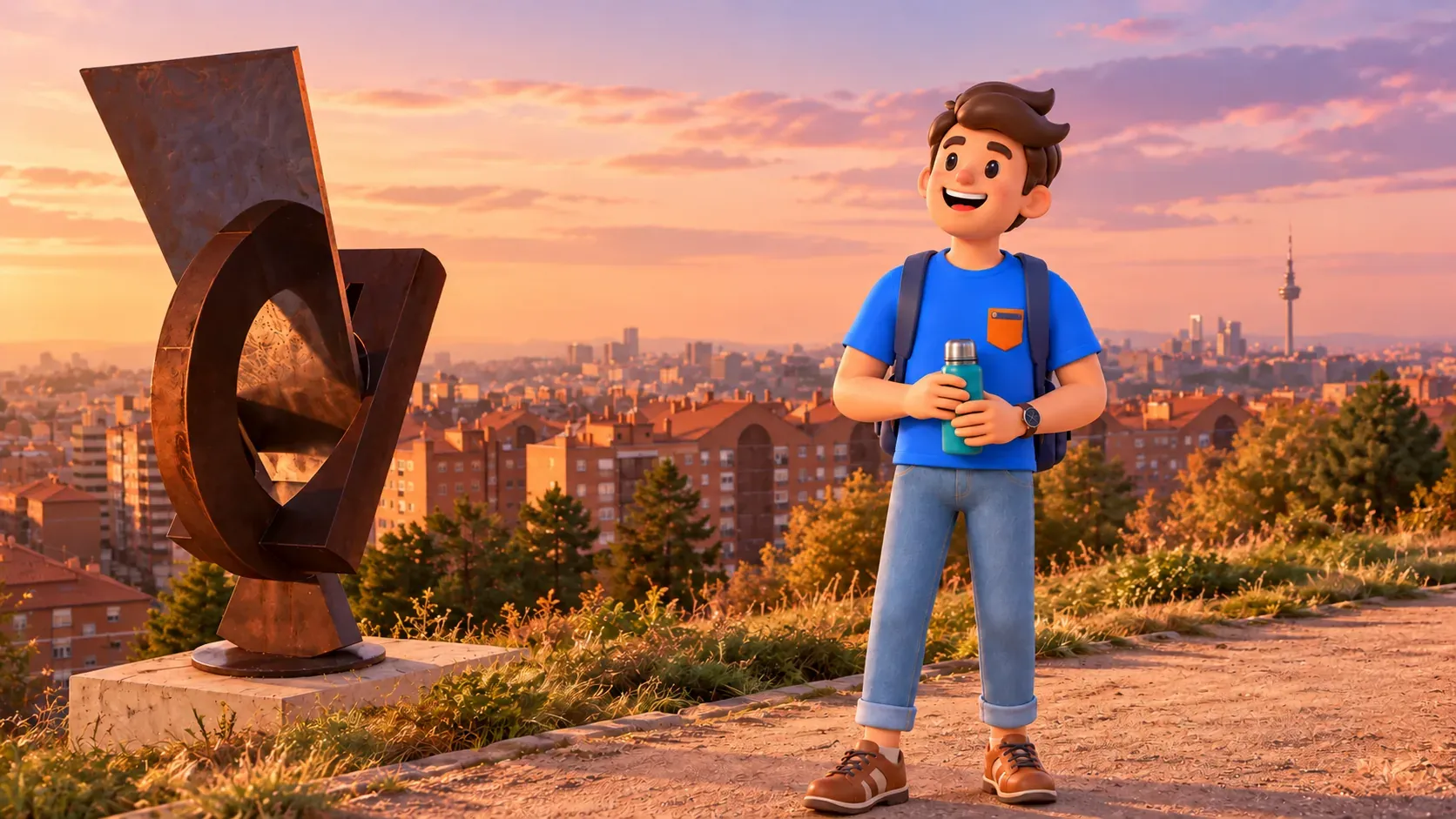 Viajero con termo junto a la escultura del Cerro del Tío Pío ante los tejados, ilustración