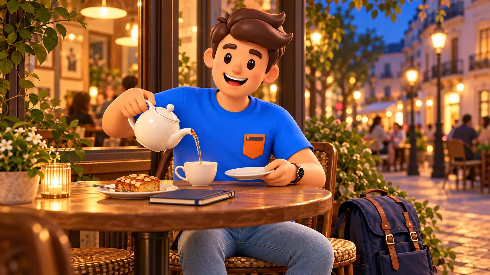 Pausa conceptual en un café al anochecer con un viajero sirviendo té, sin local concreto