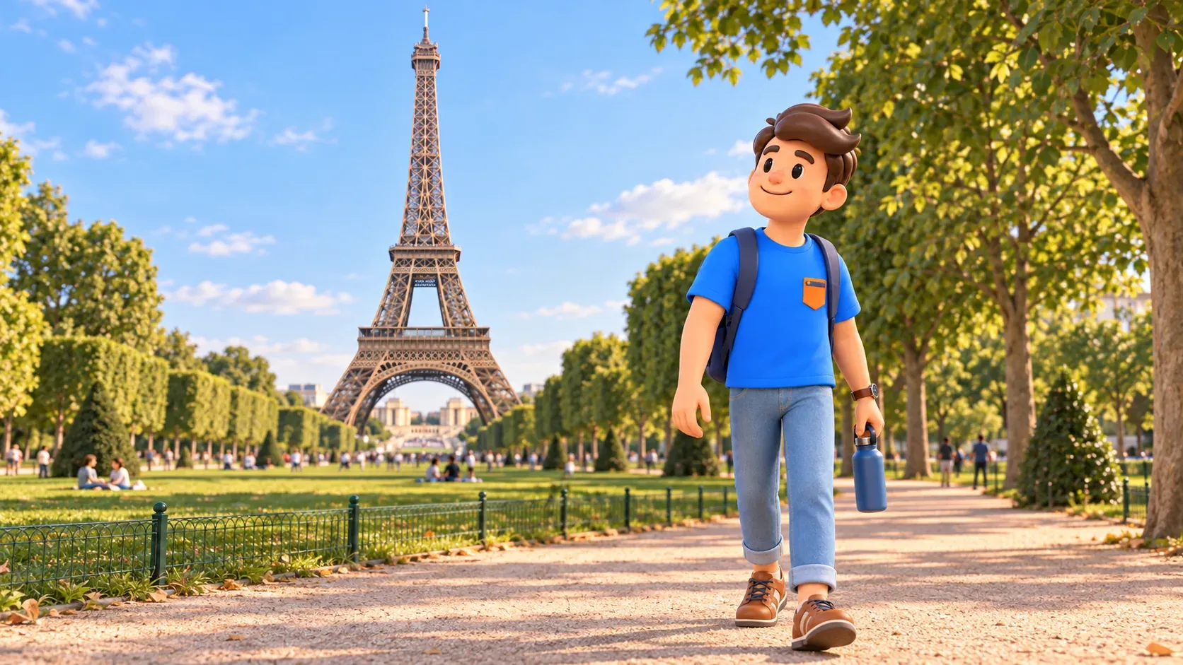 Un voyageur avec une gourde dans une allée du Champ-de-Mars près de la tour Eiffel