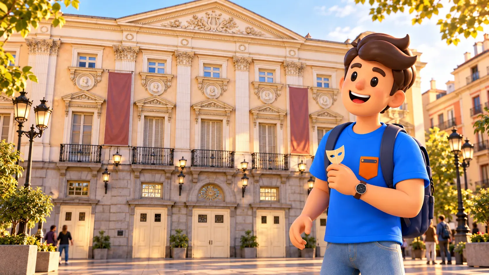 Viajero con su propio marcapáginas de papel ante el Teatro Español, ilustración