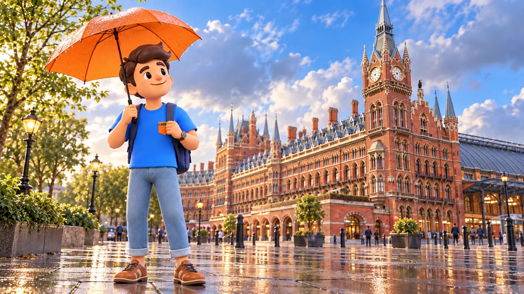 Illustration d’un voyageur avec un parapluie orange devant une façade inspirée de St Pancras