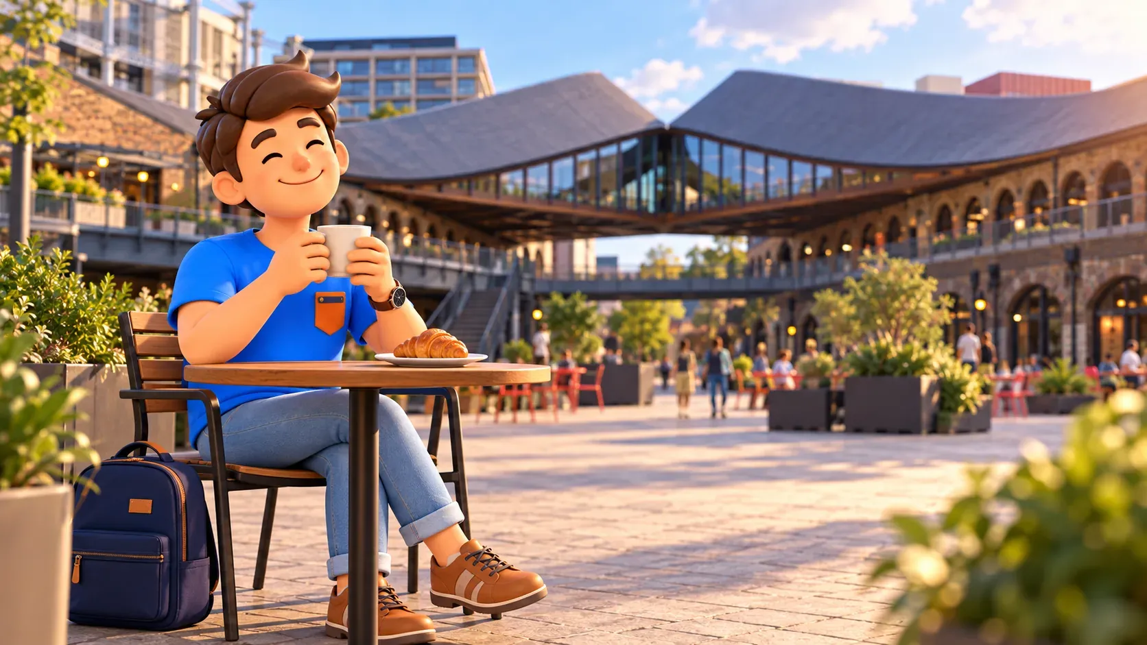 Illustration d’un voyageur se reposant avec une tasse dans une cour inspirée de Coal Drops Yard