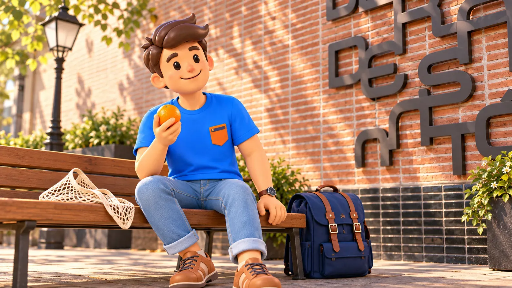 Pausa ilustrada con una naranja junto al muro de San Antón y un banco conceptual, sin asiento garantizado