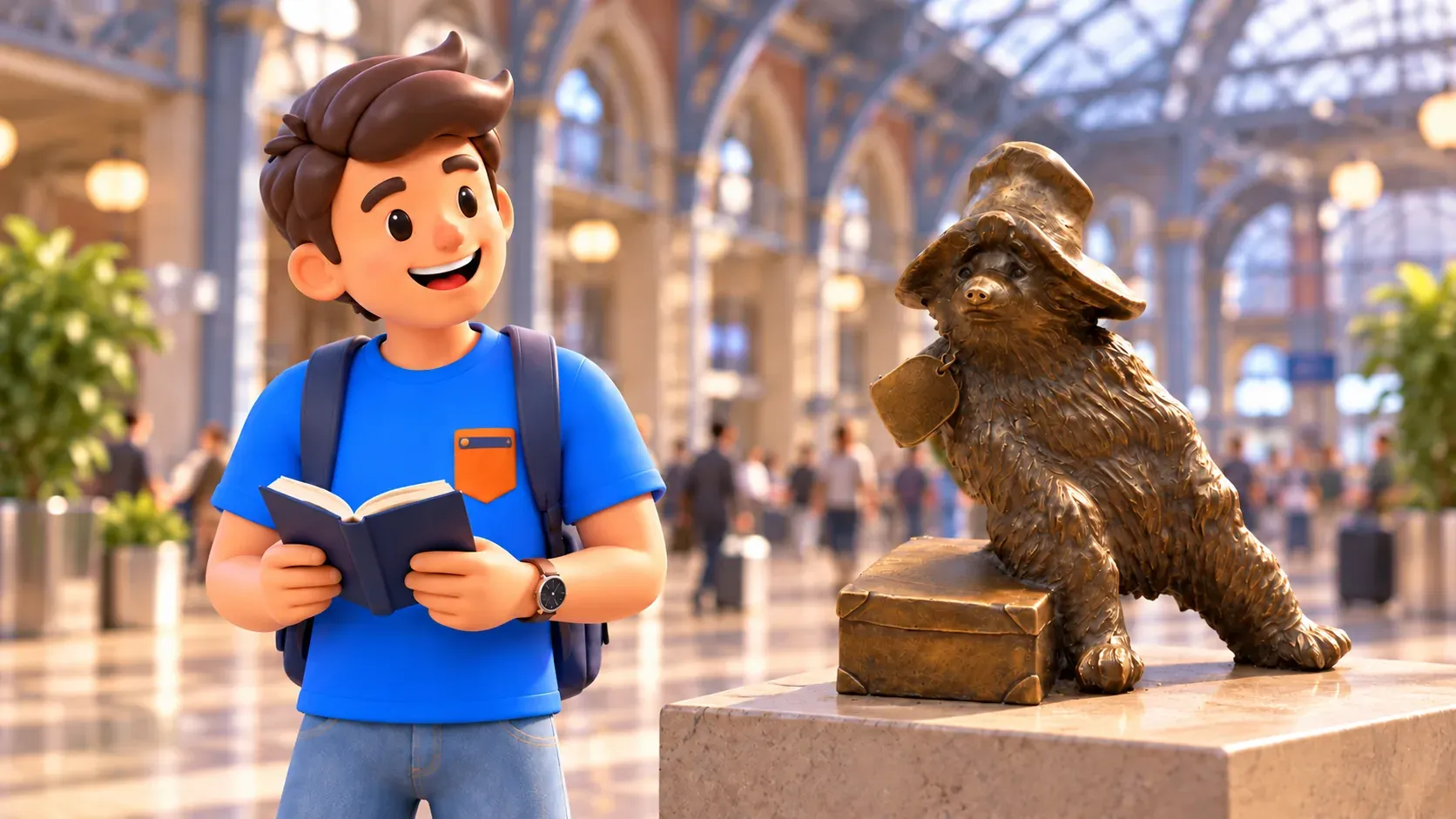 Illustration of a traveller with a book beside a bronze bear inspired by the Paddington Bear statue