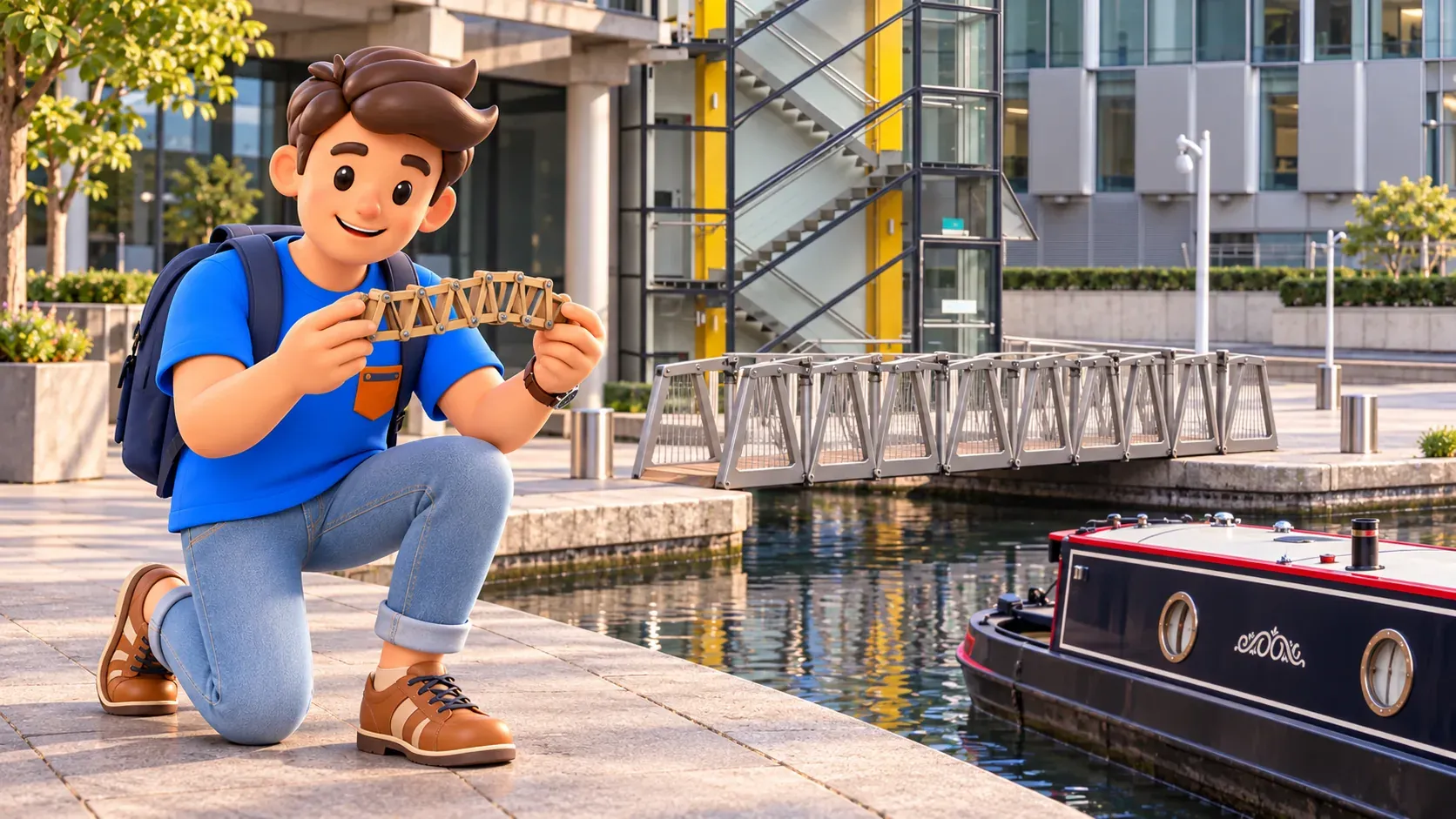 Illustration of a traveller with a personal articulated toy beside a stationary bridge inspired by the Rolling Bridge