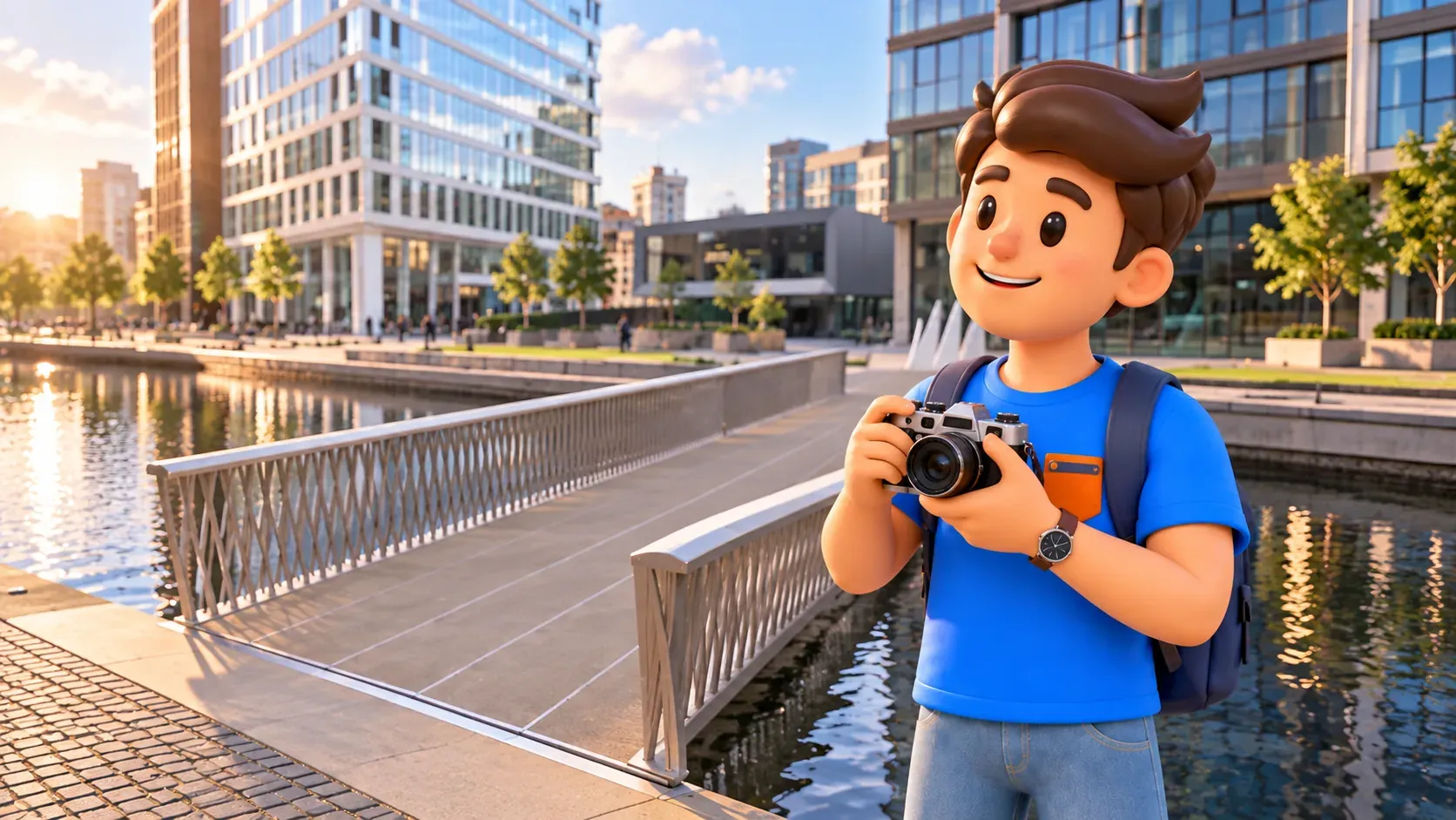Illustration of a traveller with a camera beside a lowered bridge inspired by the Fan Bridge