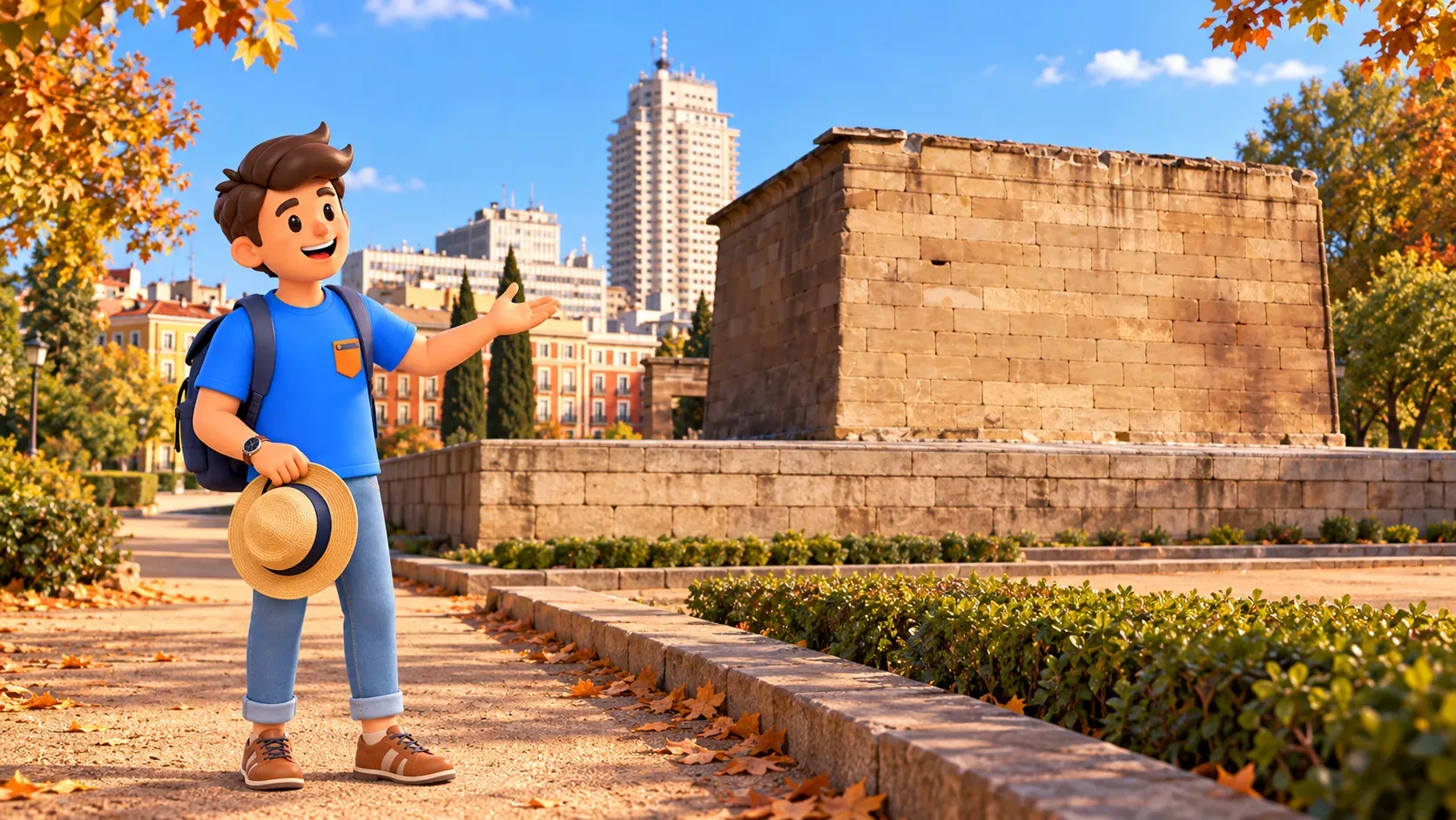 Illustrated Debod rear wall and Madrid buildings with a traveller in the garden, based on an architectural reference