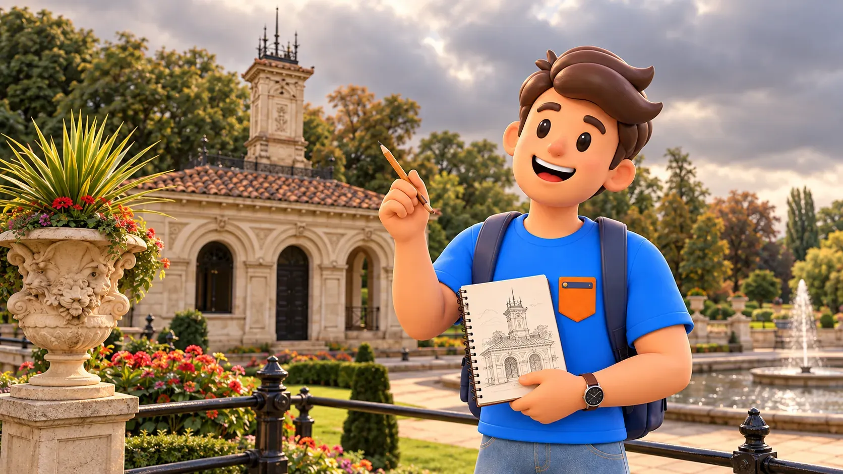 Illustration of a traveller sketching the Italian Gardens Pump House