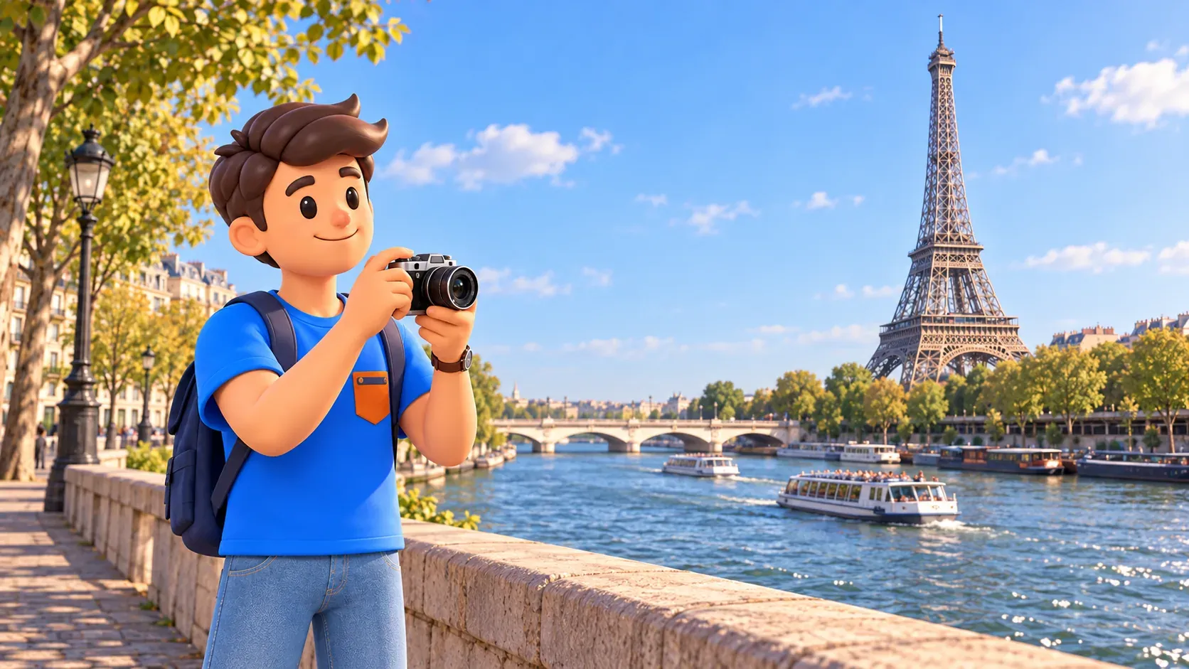 Un voyageur avec un appareil photo au bord de la Seine, face au pont d’Iéna et à la tour Eiffel