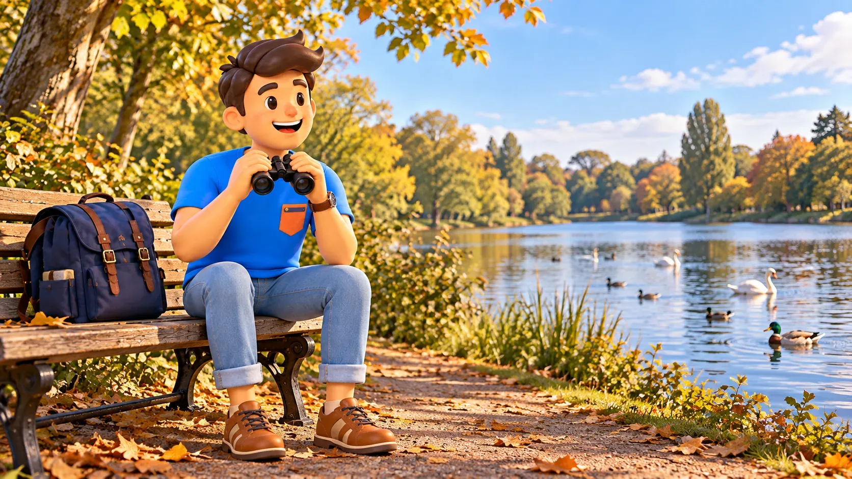 Thematic illustration of a traveller with binoculars beside a lake inspired by the Long Water