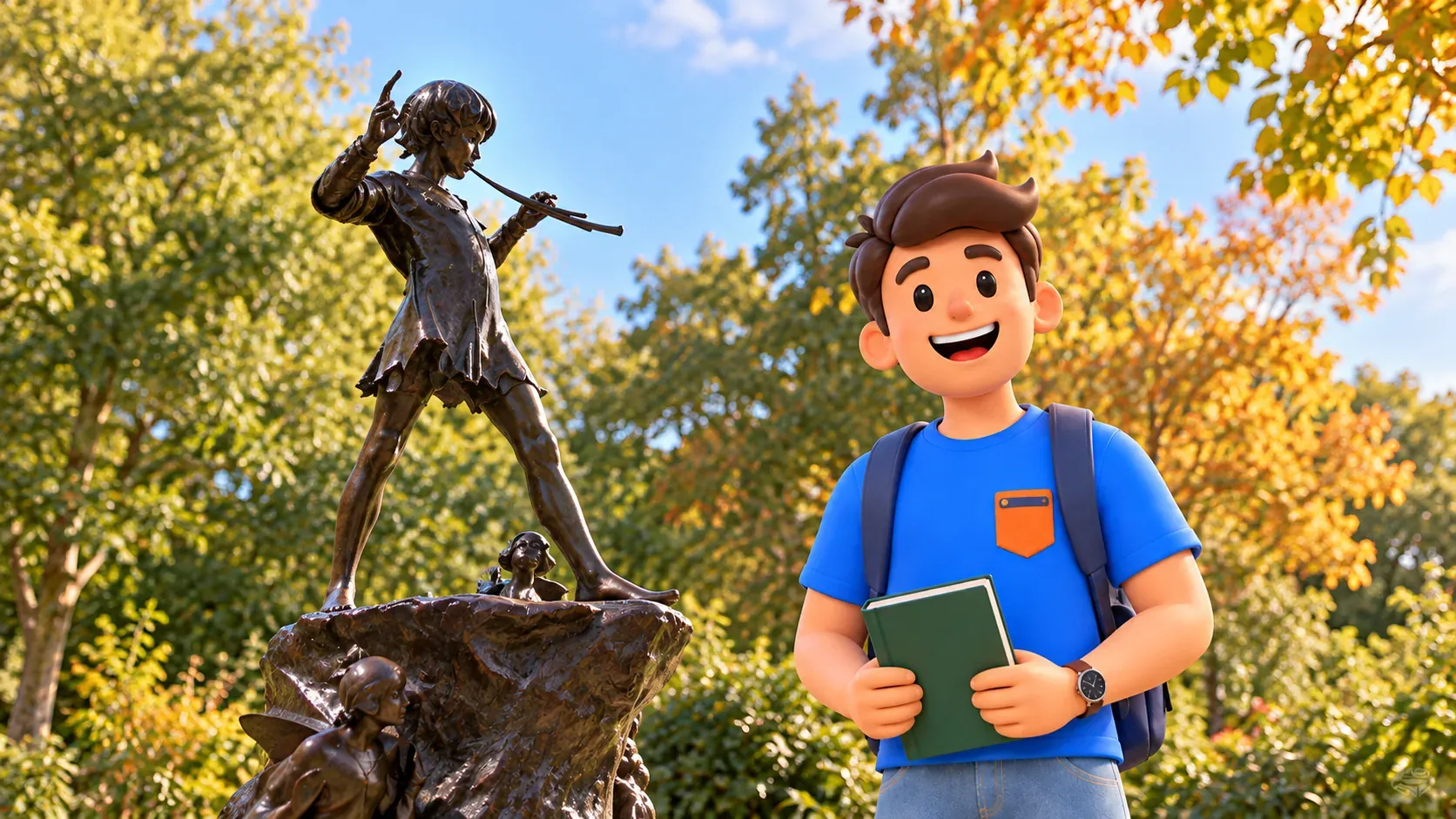 Illustration of a traveller with a book beside a sculpture inspired by the Peter Pan statue