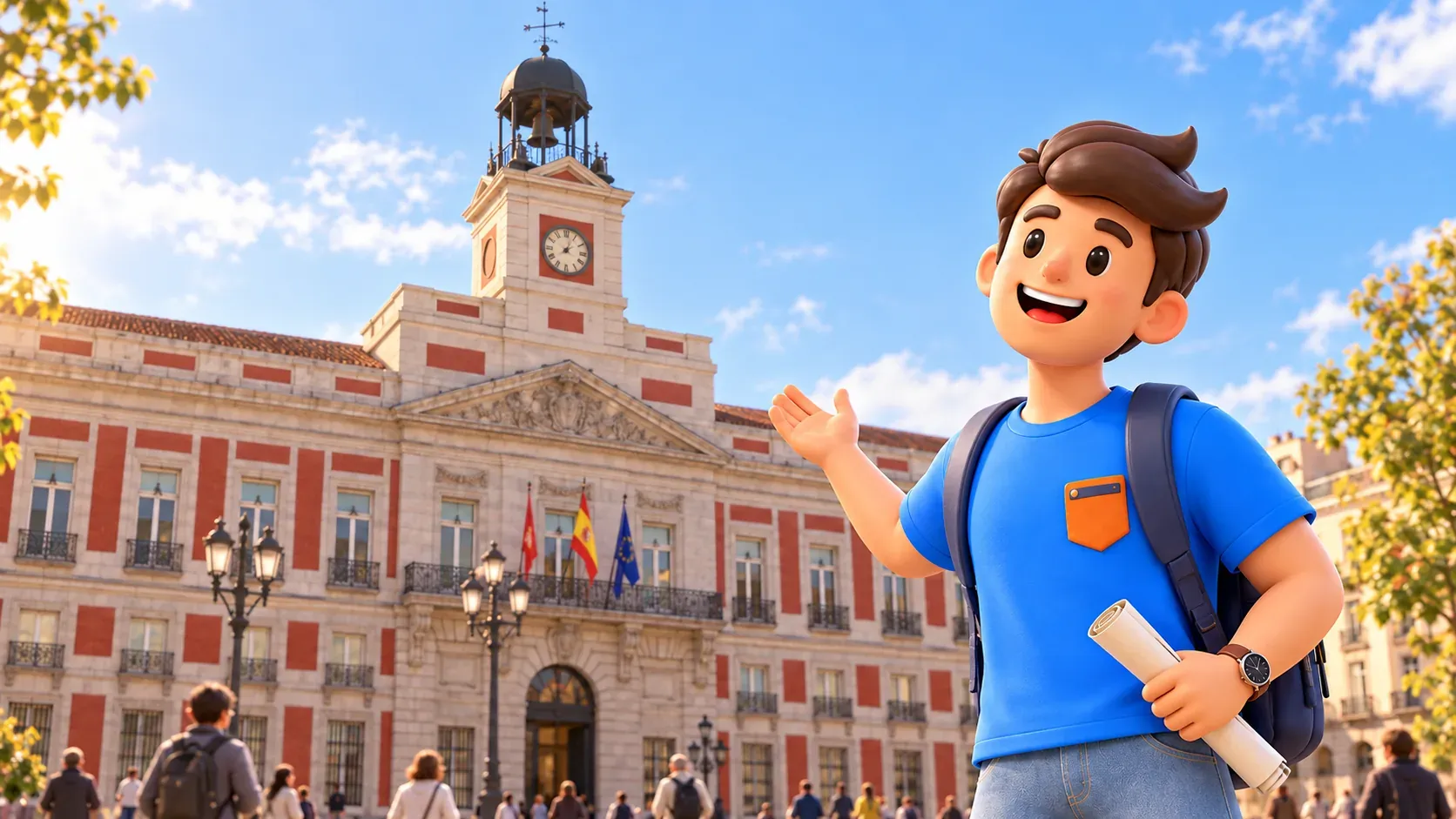 Traveller before the Real Casa de Correos clock, illustrated from an architectural reference