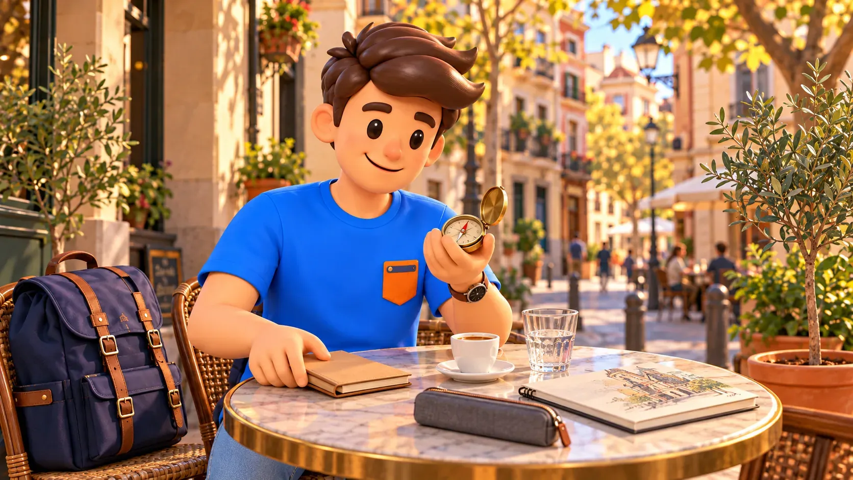 Conceptual café pause with a personal compass and notebook, not Kilometre Zero or a navigation diagram