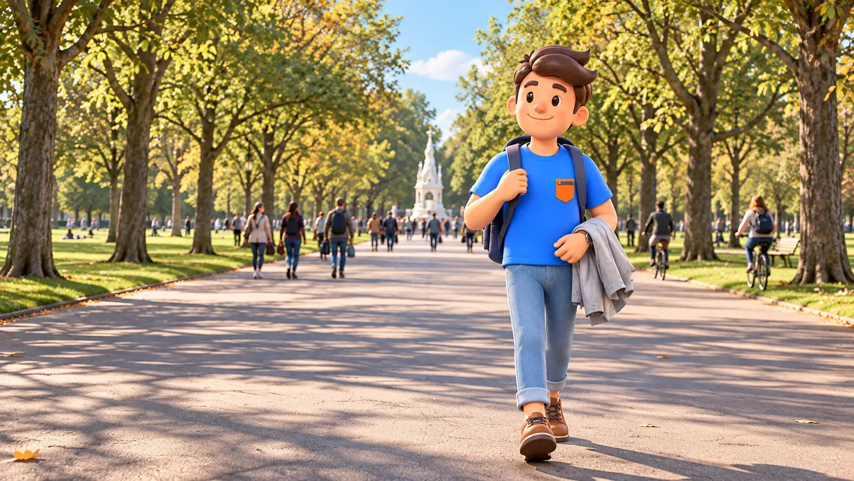 Illustration eines Reisenden mit leichter Jacke auf einer Allee nach dem Vorbild des Broad Walk in Regent’s Park