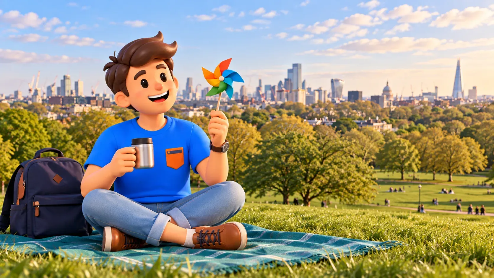 Illustration eines Reisenden mit Thermobecher und Windrad vor einer Aussicht nach dem Vorbild des Primrose Hill
