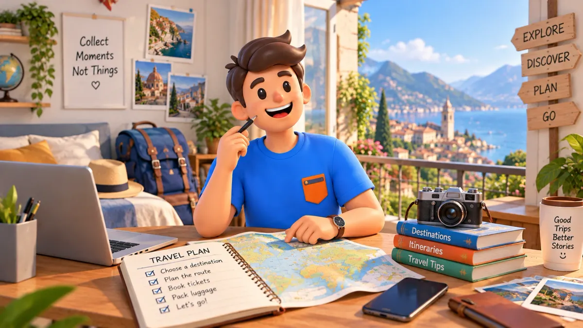 Die RoadMe-Figur plant eine Reise mit Karte, Checkliste und Laptop