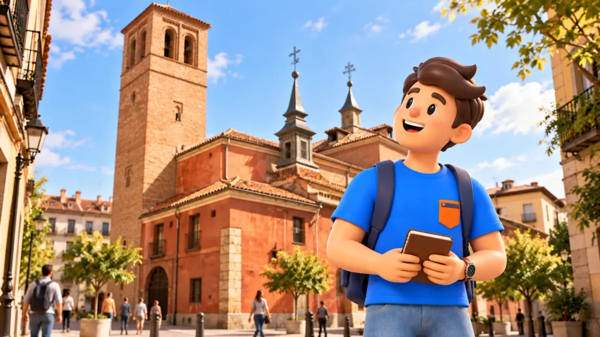 Voyageur près de la tour de San Pedro el Viejo, illustration selon une référence architecturale