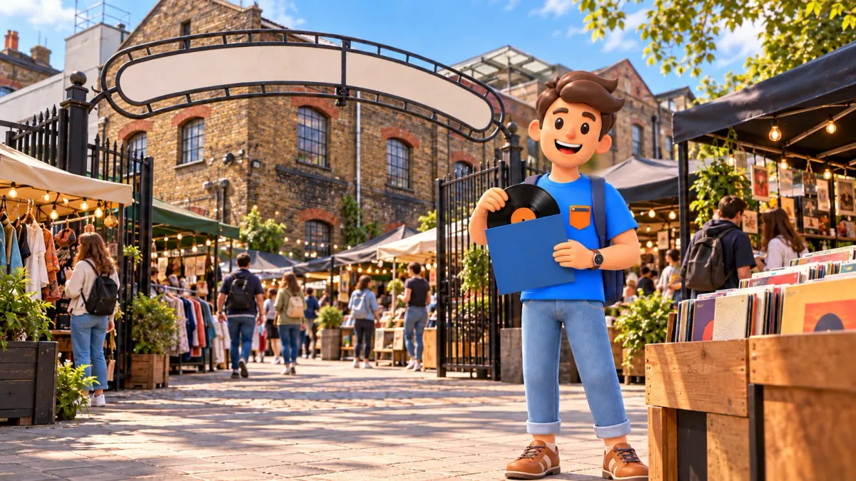 Illustration eines Reisenden mit Schallplatte an Höfen nach dem Vorbild des Stables Market