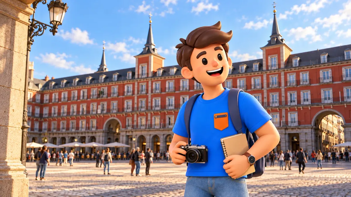 Reisender mit Kamera auf der Plaza Mayor, Illustration nach Fassaden- und Arkadenvorlage