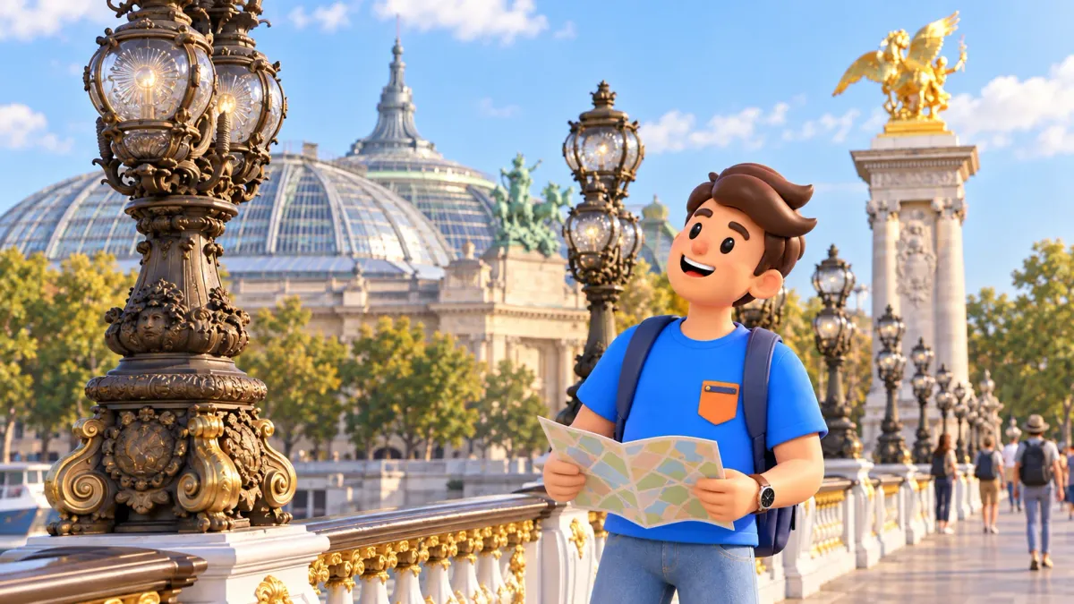 Un viajero con un mapa junto a las farolas del puente Alejandro III, con el Grand Palais al fondo
