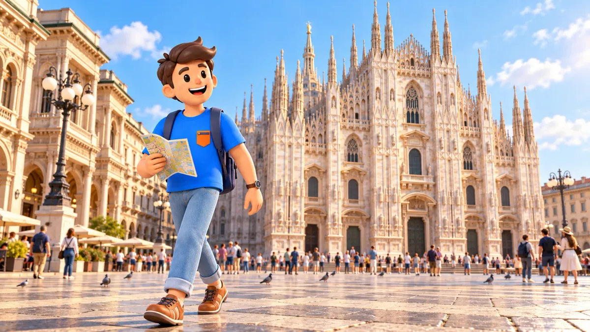 Ilustración de un viajero con un mapa en la plaza frente al Duomo de Milán.