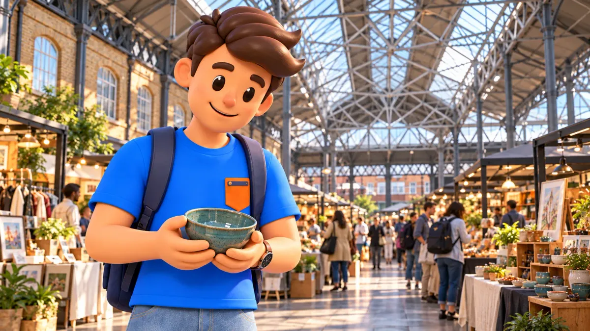 Ilustración de un viajero con un cuenco de cerámica bajo una cubierta inspirada en Old Spitalfields Market