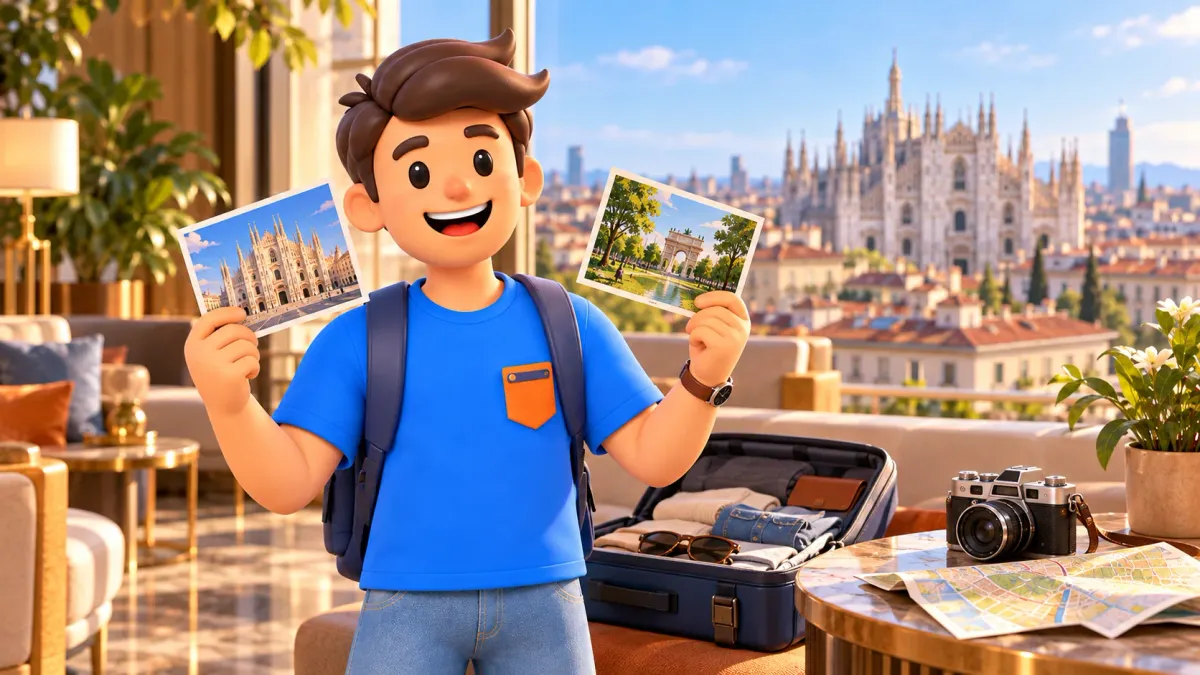 Ilustración de un viajero con dos postales y una maleta preparando dos días en Milán.