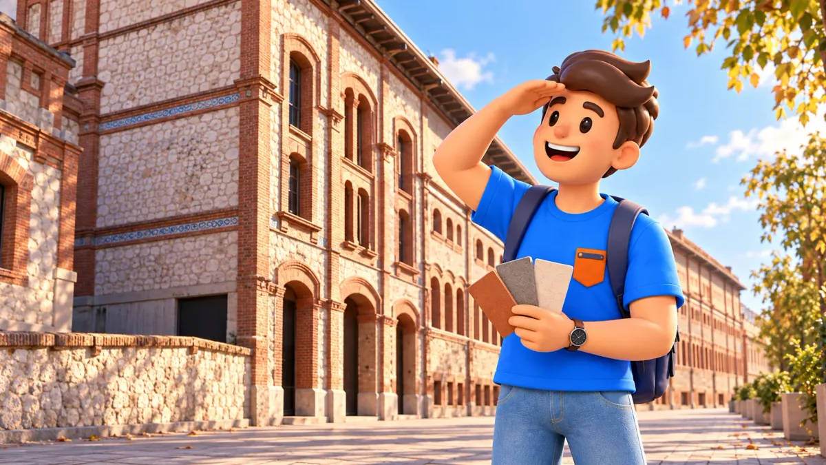 Voyageur avec échantillons de papier personnels devant les pavillons de Matadero selon référence architecturale