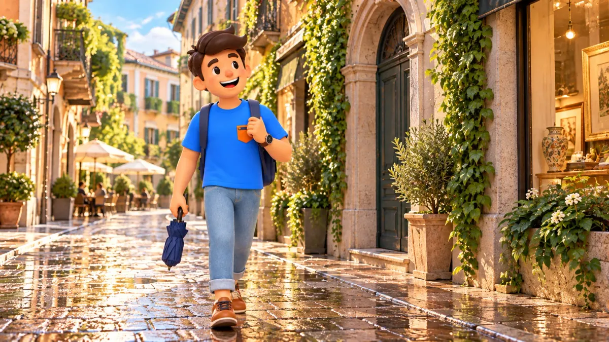 Illustration of a traveller with a folded umbrella on an old street after rain.