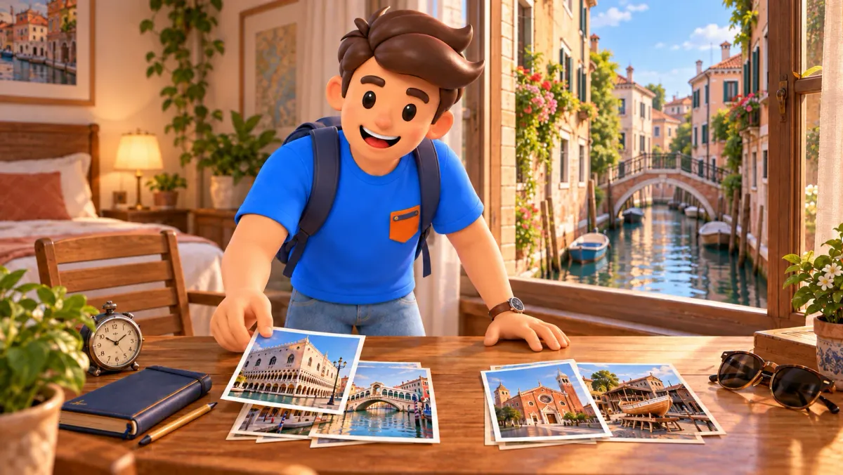 Illustration of a traveler arranging Venice postcards into a two-day plan at a desk by a window