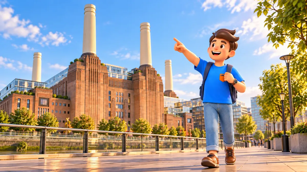Illustration of a traveller outside a building inspired by Battersea Power Station