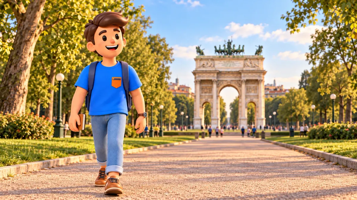 Illustration of a traveller on a park path with Milan’s Arch of Peace behind him.